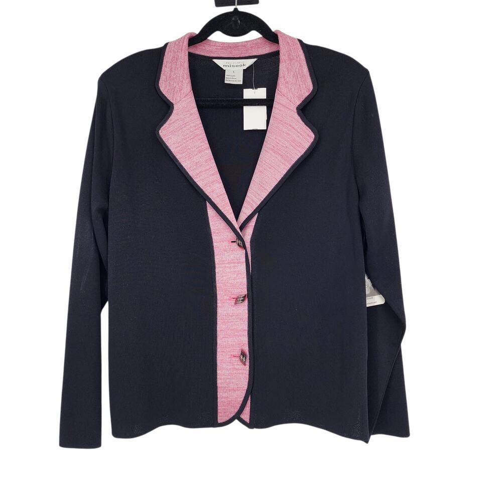 NWT Vintage Exclusively Misook Black & Pink Colorblock Knit Button Jacket Size L